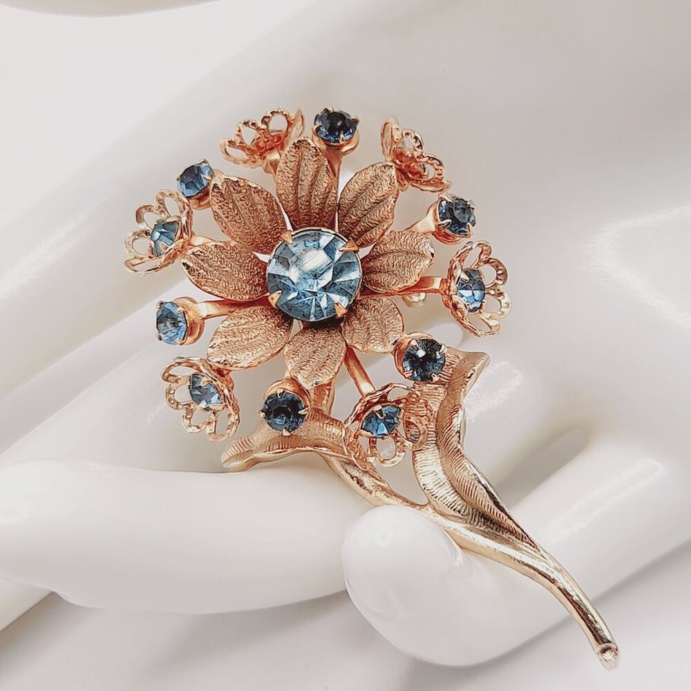 Vintage Blue Rhinestone Flower Brooch Gold Tone Floral Stem Pin